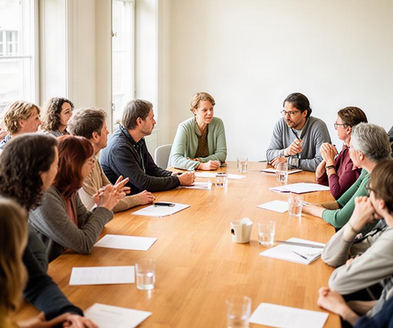 Kulturschaffende und Forschende diskutieren in einem hellen Berner Gesprächsraum an einem langen Holztisch