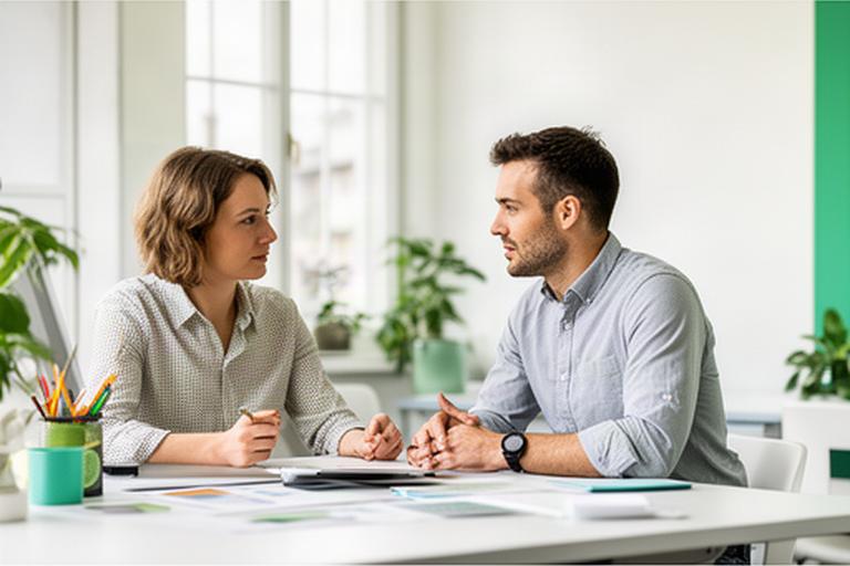 Unternehmerin und Mitarbeiter besprechen digitale Arbeitsabläufe an einem Tisch in einem hellen Berner Betrieb