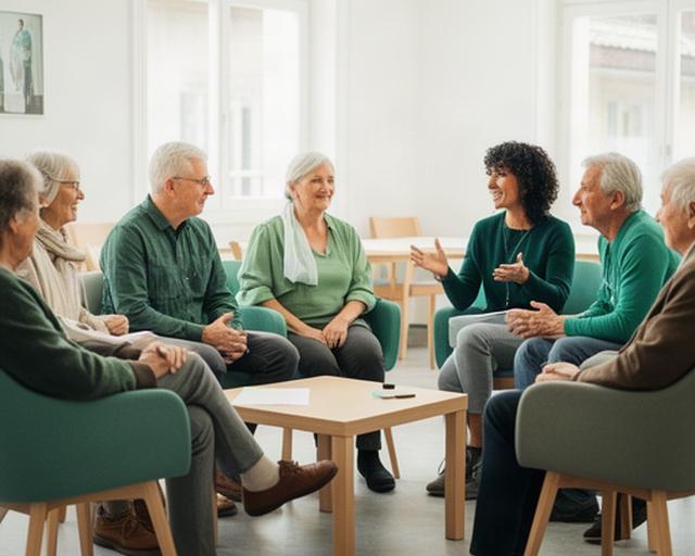 Menschen verschiedener Generationen tauschen sich bei einer Gesprächsrunde in einem hellen Gemeinschaftsraum im Kanton Bern aus